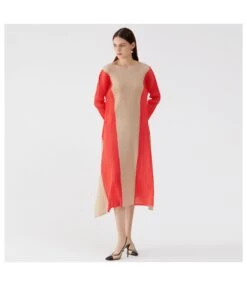 Asymmetrical Loose Colorblock Long Sleeve O-Neck Slit Midi Dress SD080406