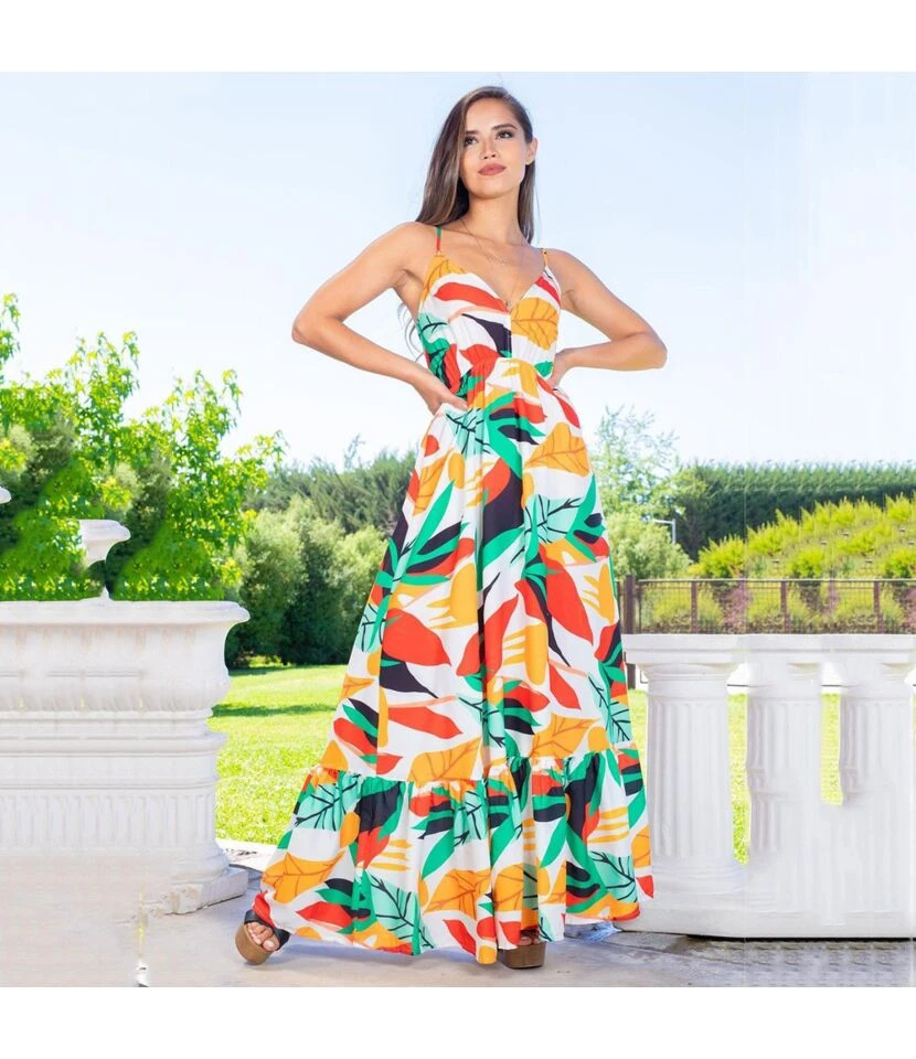 Colorful Printed Plunge Neck High Waist Resort Sundresses Ruffled Slip Dress Wholesale Maxi Dresses SDN533566 - Image 5